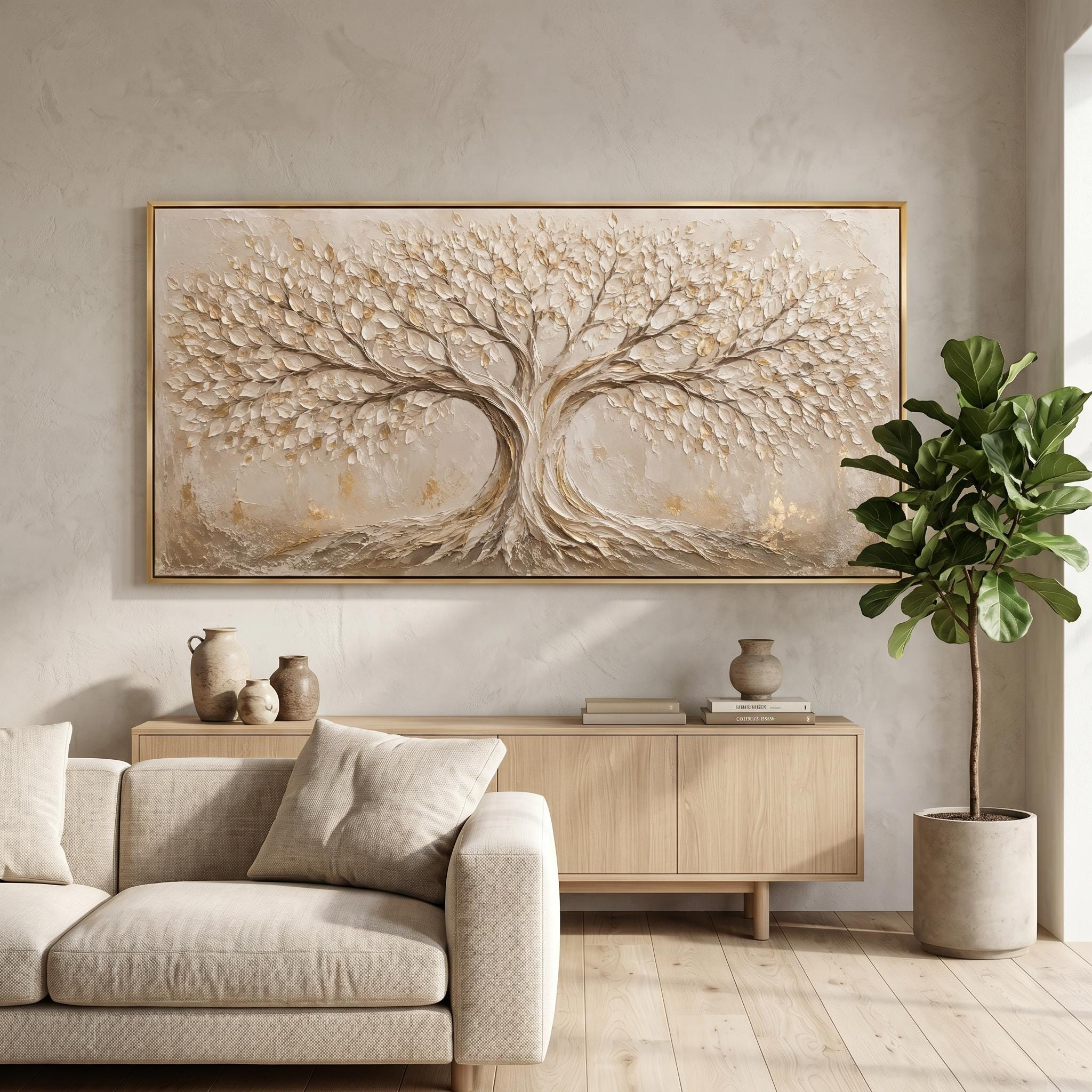 Tree of Life Textured Oil Painting – Neutral Beige and Gold Framed Wall Art