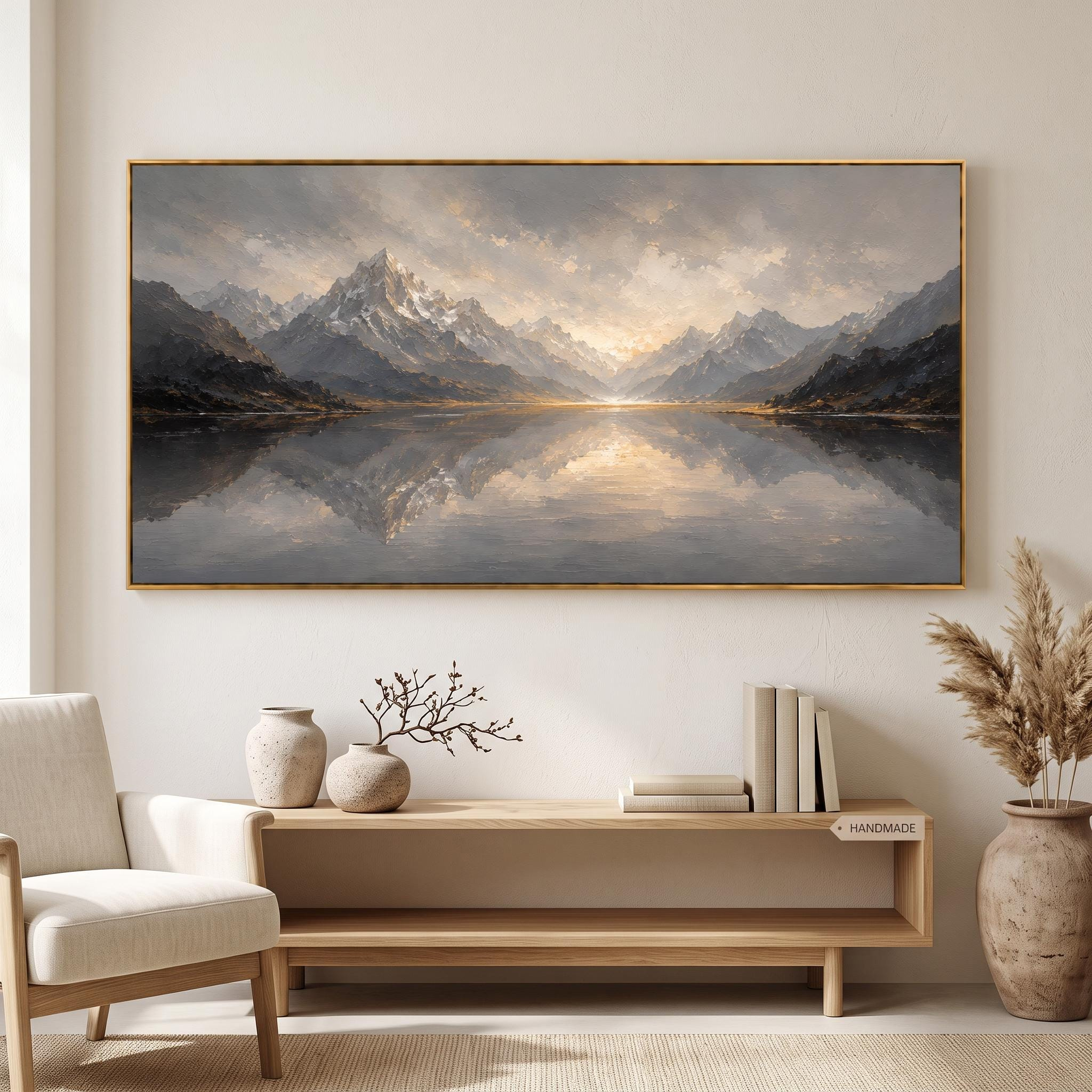 Misty Sunrise Mountain Lake Oil Painting – Grey Alpine Landscape Framed Wall Art