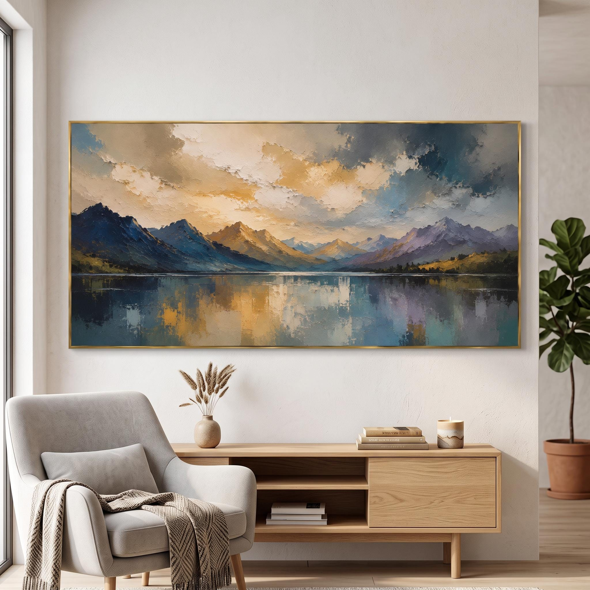Mountain Lake Reflection Oil Painting – Blue and Gold Landscape Framed Wall Art