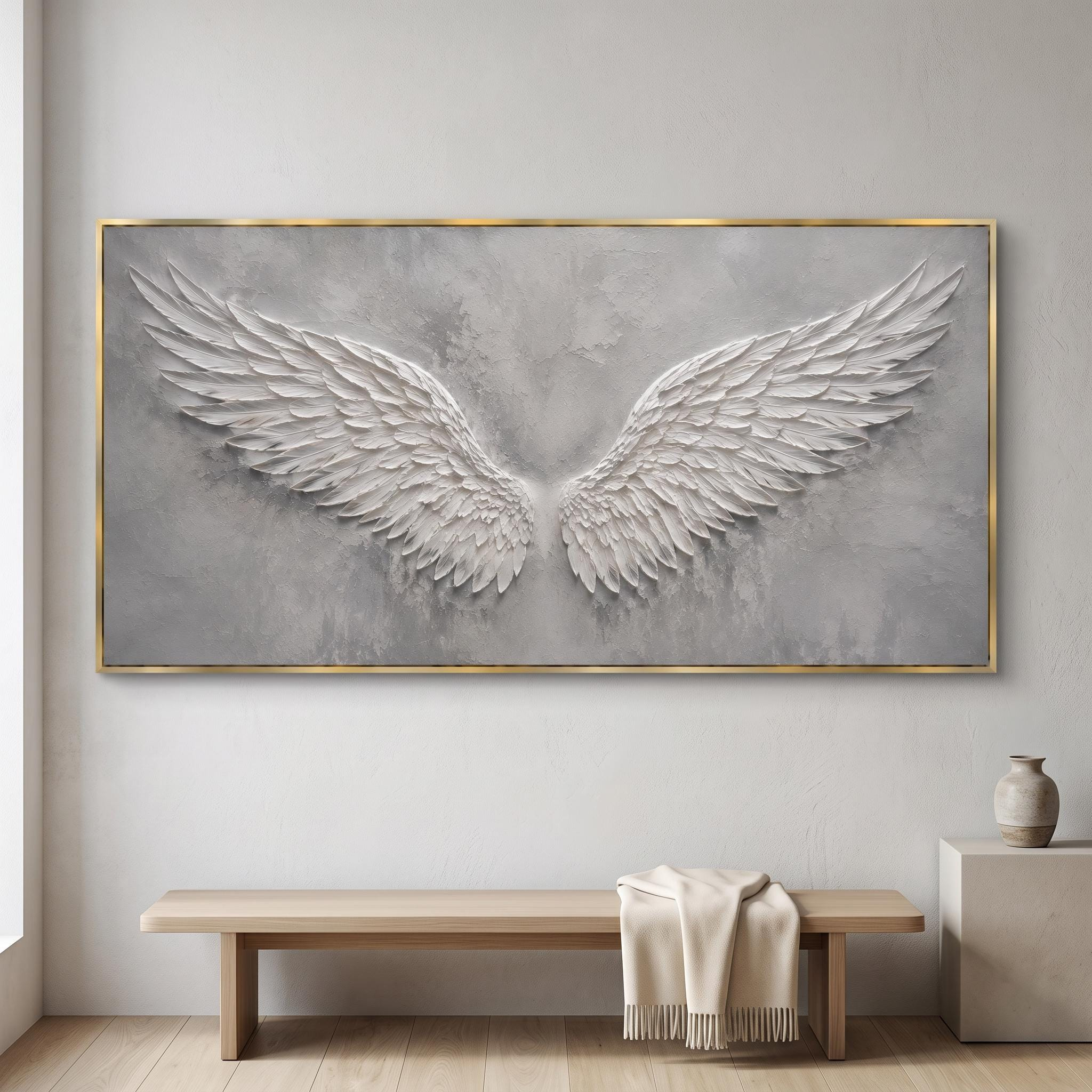 Textured Angel Wings Oil Painting – White and Grey Framed Wall Art
