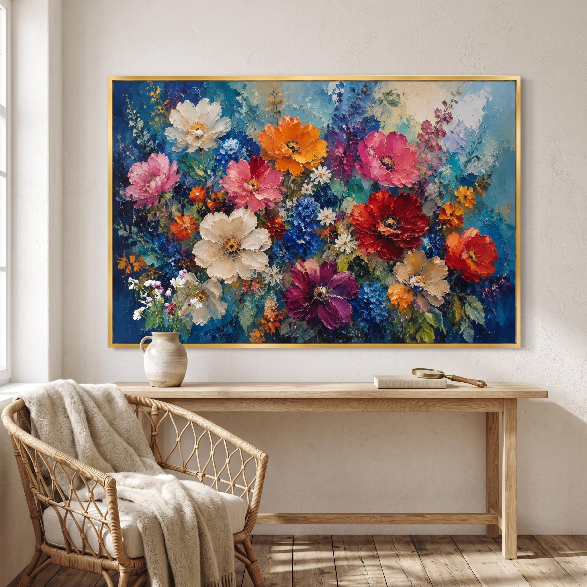 Vibrant Floral Bouquet Oil Painting – Colorful Textured Framed Wall Art
