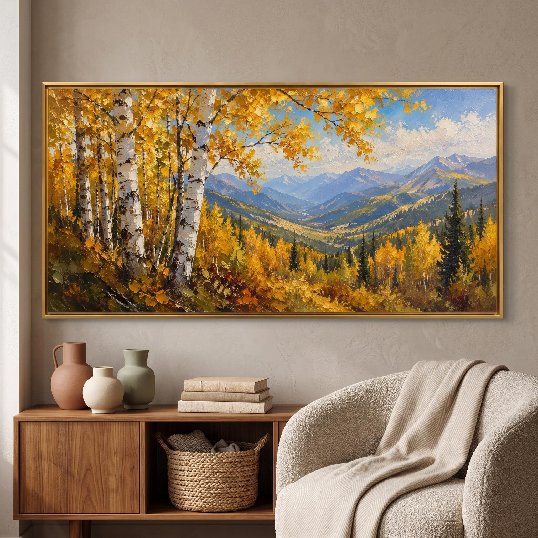 Autumn Birch Forest Mountain Oil Painting – Golden Landscape Framed Wall Art