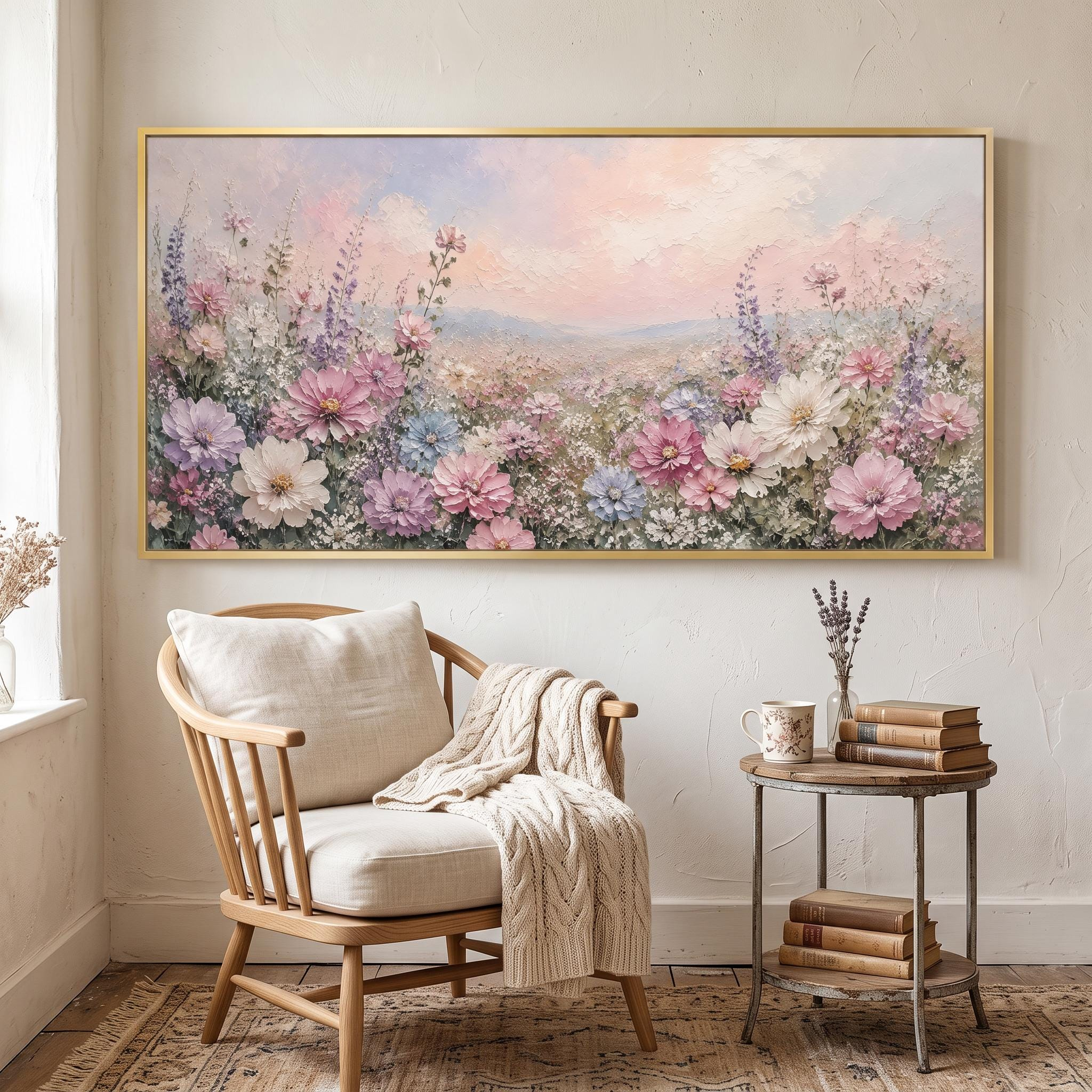 Pastel Wildflower Meadow Oil Painting – Pink and Purple Floral Framed Wall Art