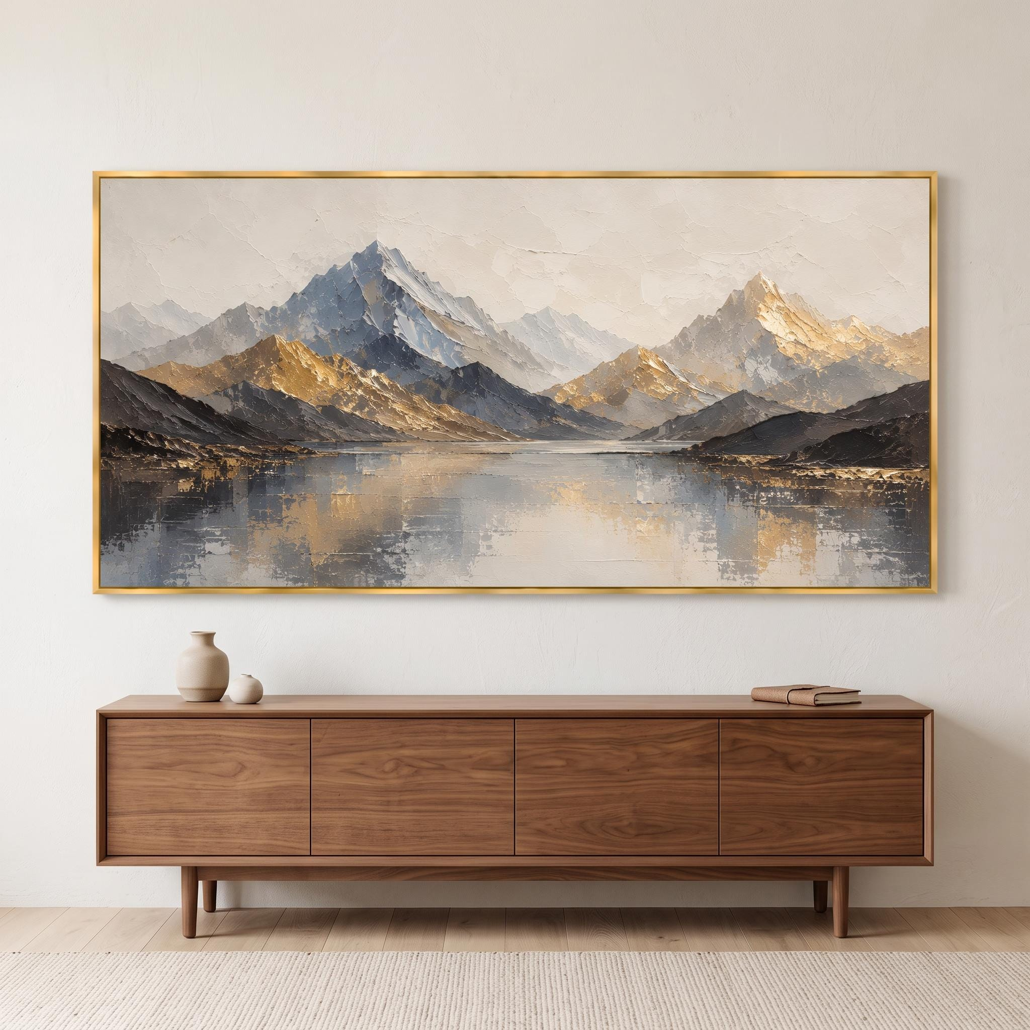 Golden Mountain Lake Oil Painting – Neutral Alpine Landscape Framed Wall Art