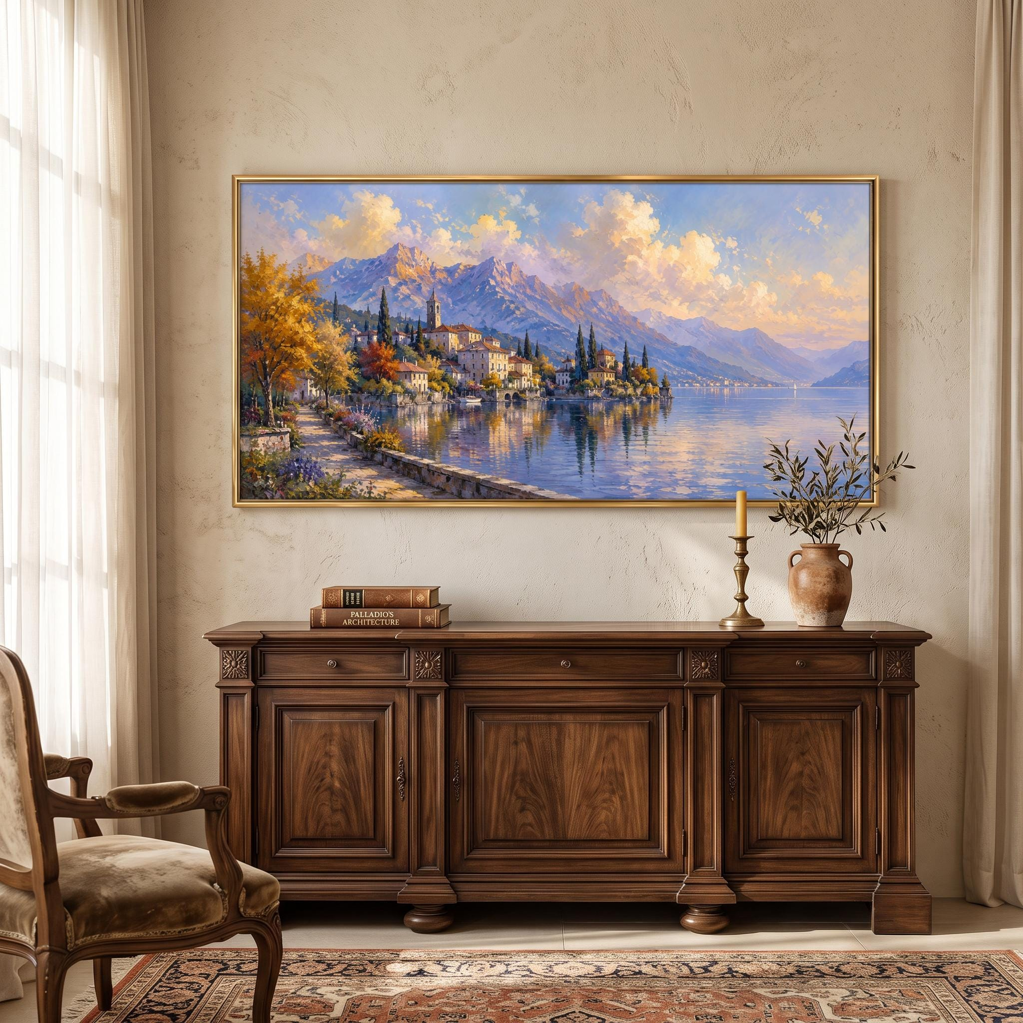 Lakeside Village Mountain Oil Painting – European Scenic Landscape Framed Wall Art