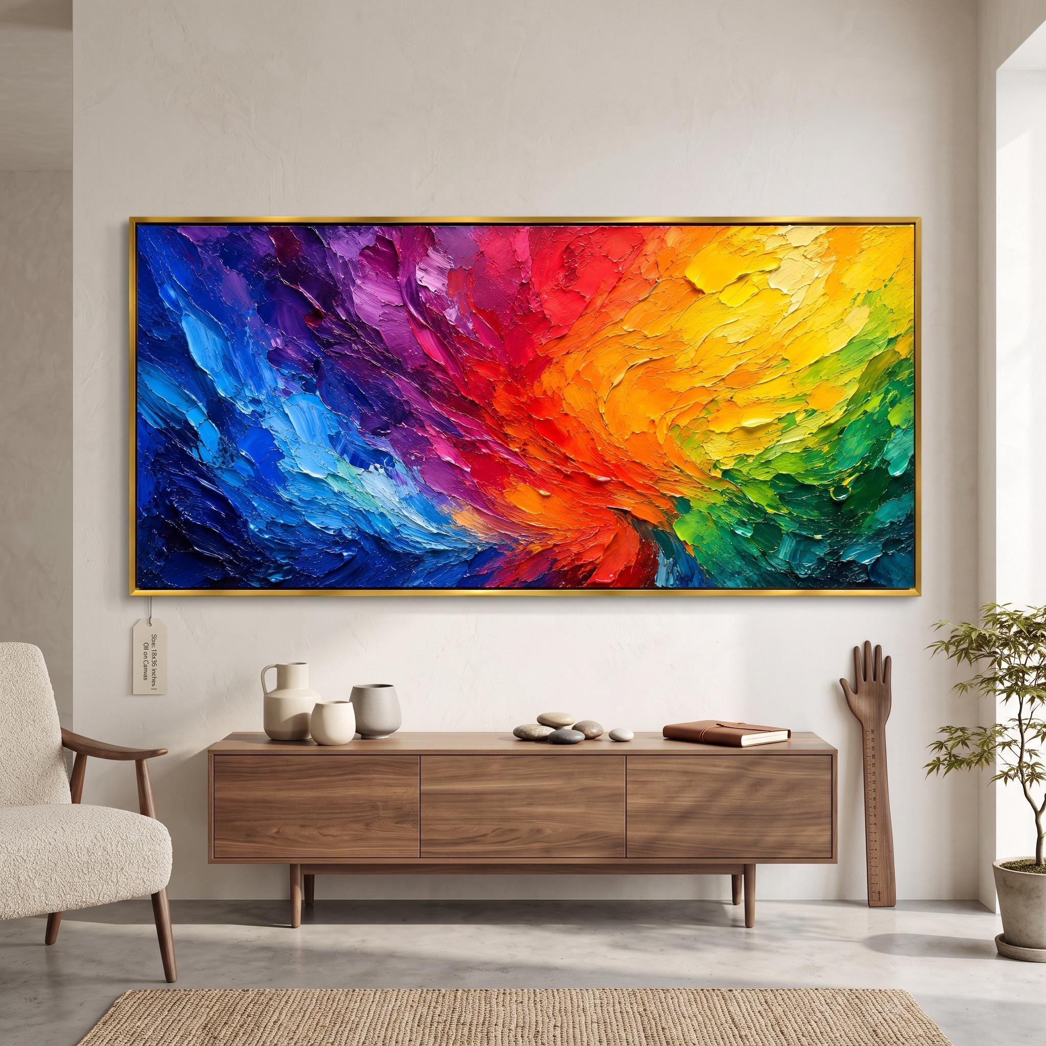 Rainbow Swirl Abstract Oil Painting – Colorful Textured Framed Wall Art