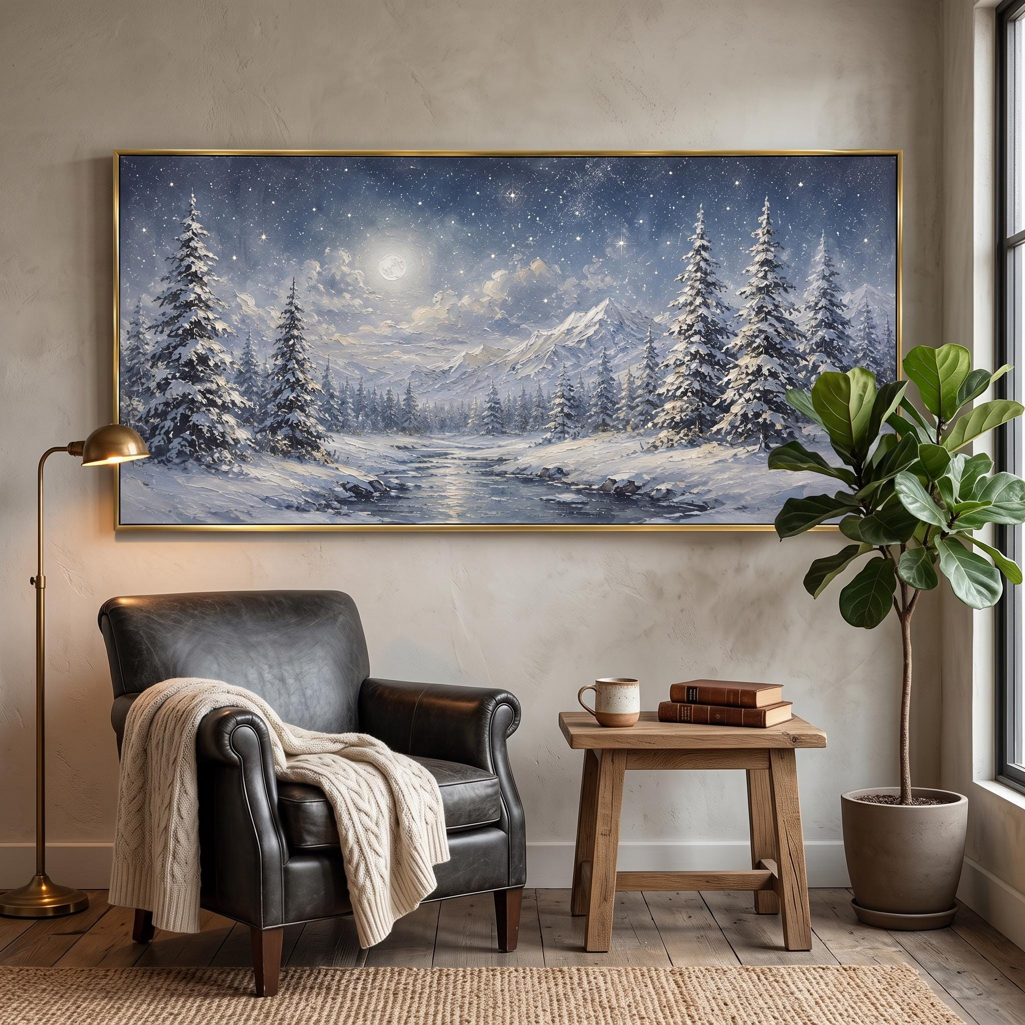 Moonlit Winter Forest Oil Painting – Snowy Mountain Landscape Framed Wall Art